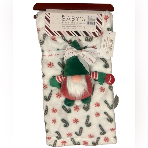 Baby's First Christmas Blanket Candy Cane & Snowflake With Plush Gnome Toy  NWT - Picture 1 of 3